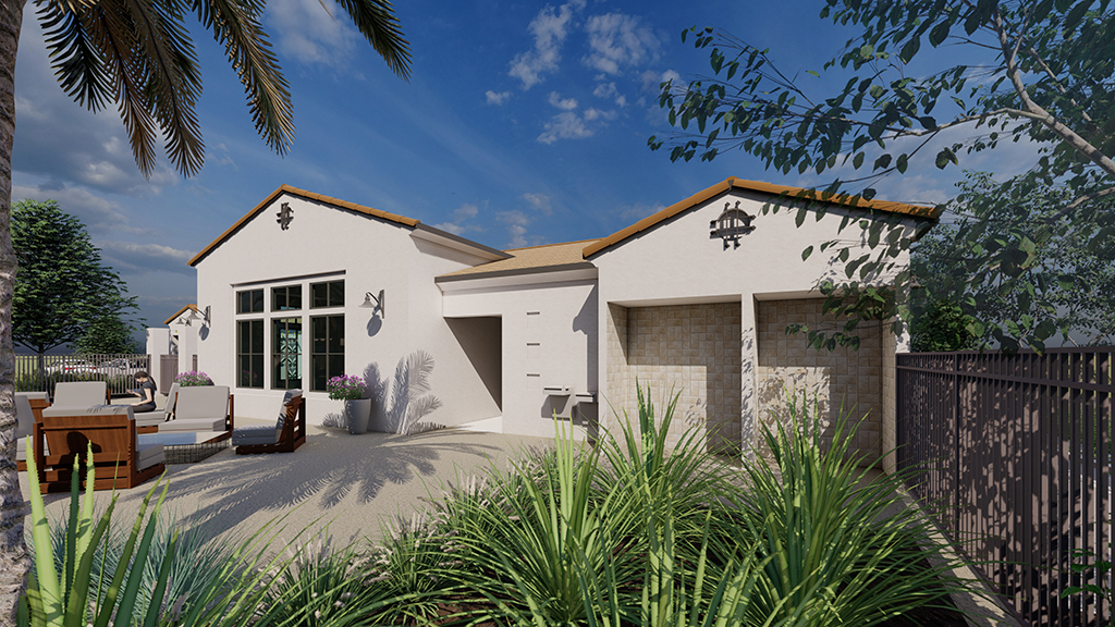 A house with a fence and trees.