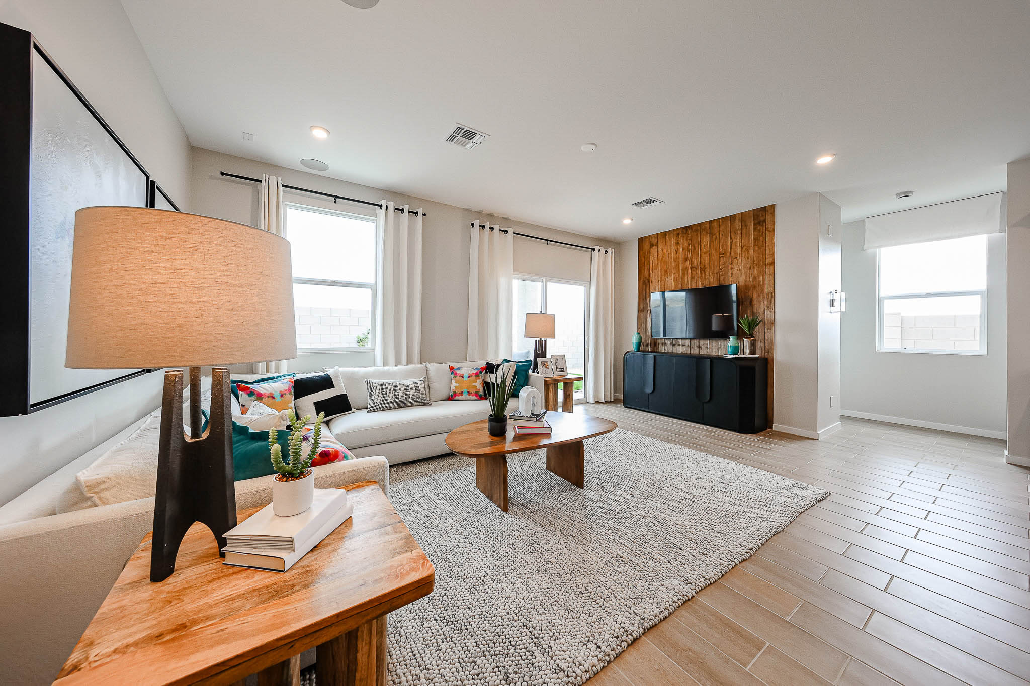 A living room with a large window.