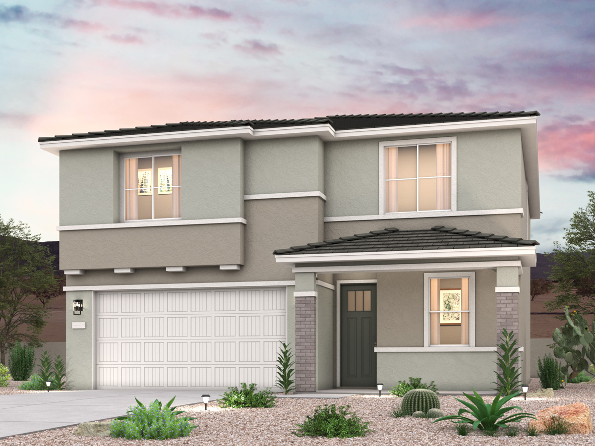 Twilight rendering of front of new home for sale in San Tan, AZ with 2 car garage in the beautiful Skyline Village community with pool.