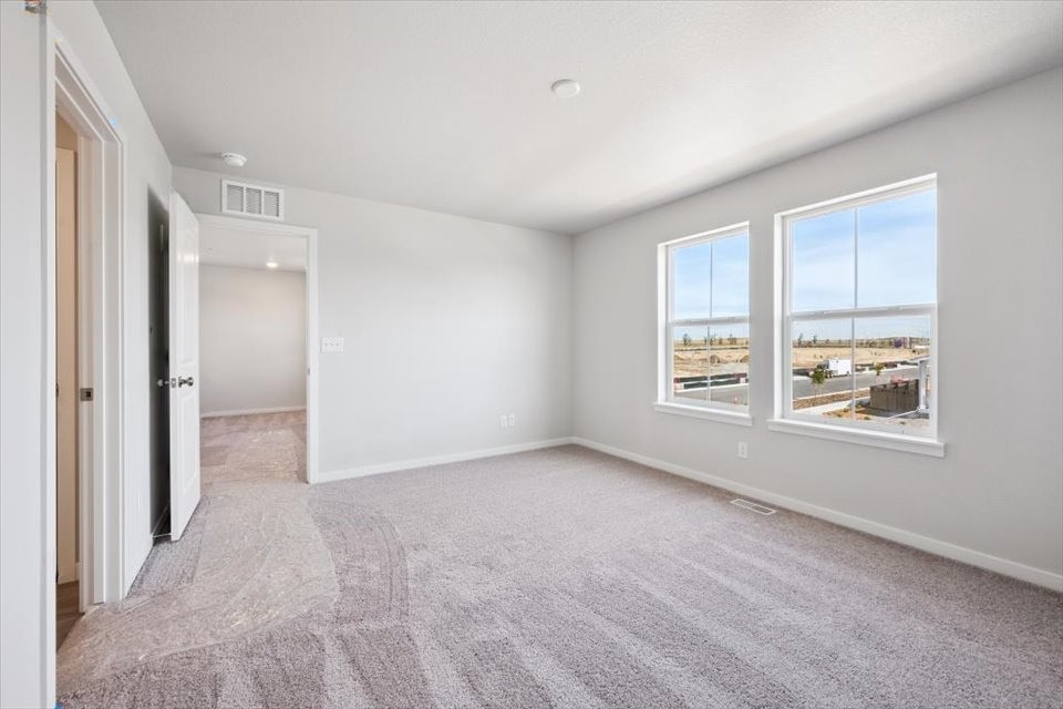 A room with a carpet and windows.