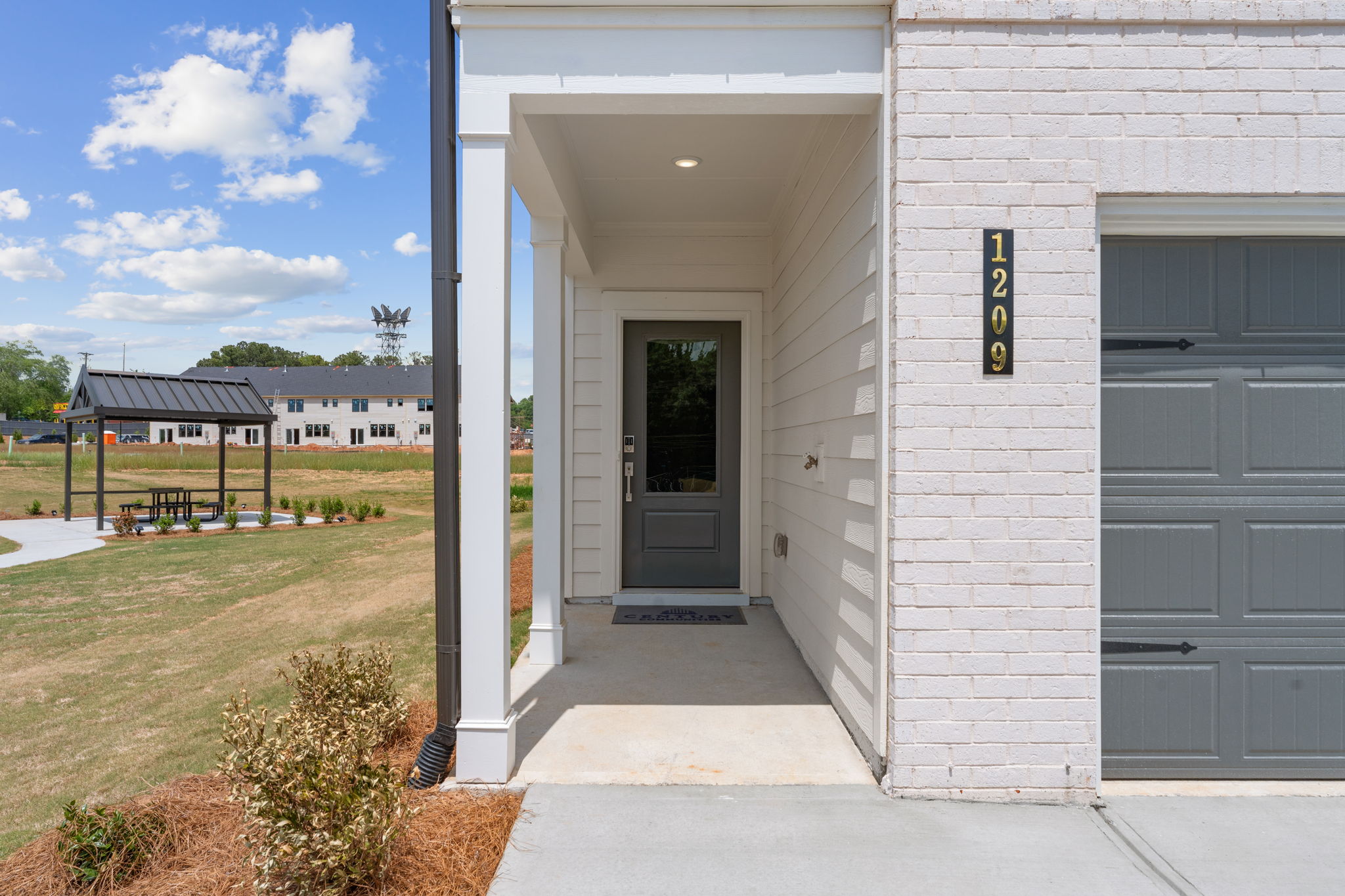A building with a garage.