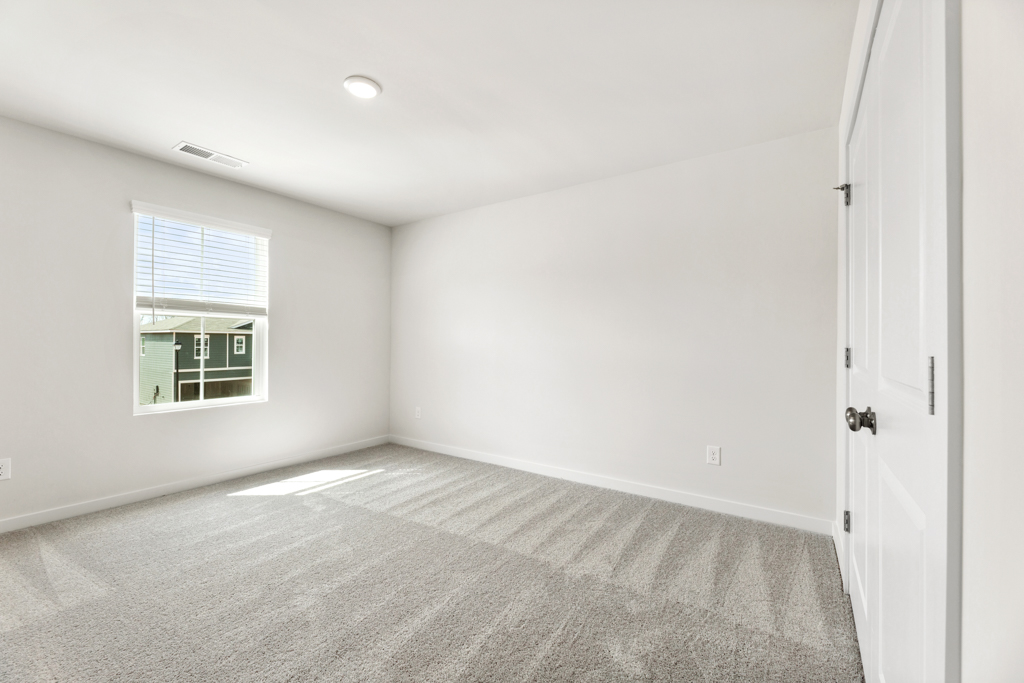 A room with a carpet and windows.