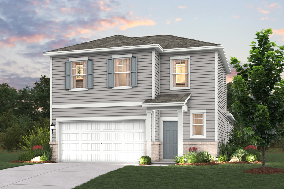 A white house with a garage.