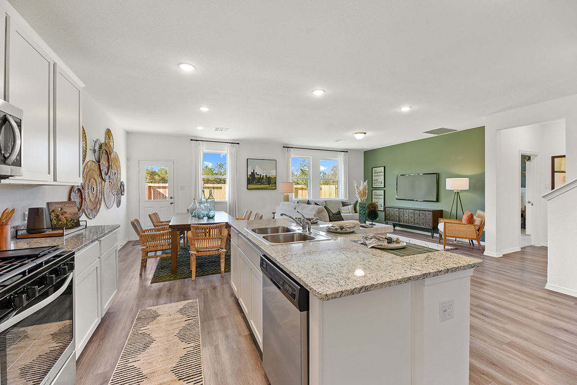 A kitchen with a large island.