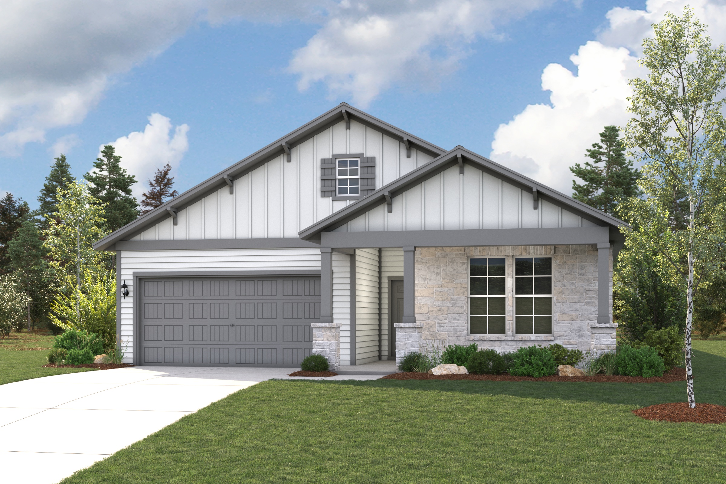 A house with a garage with American Gothic House in the background.