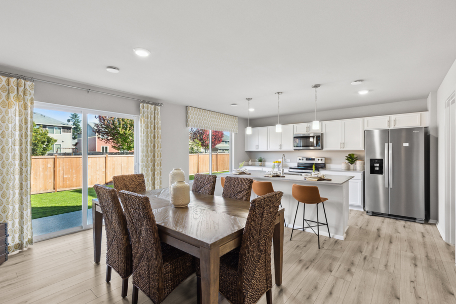 A kitchen and dining room.