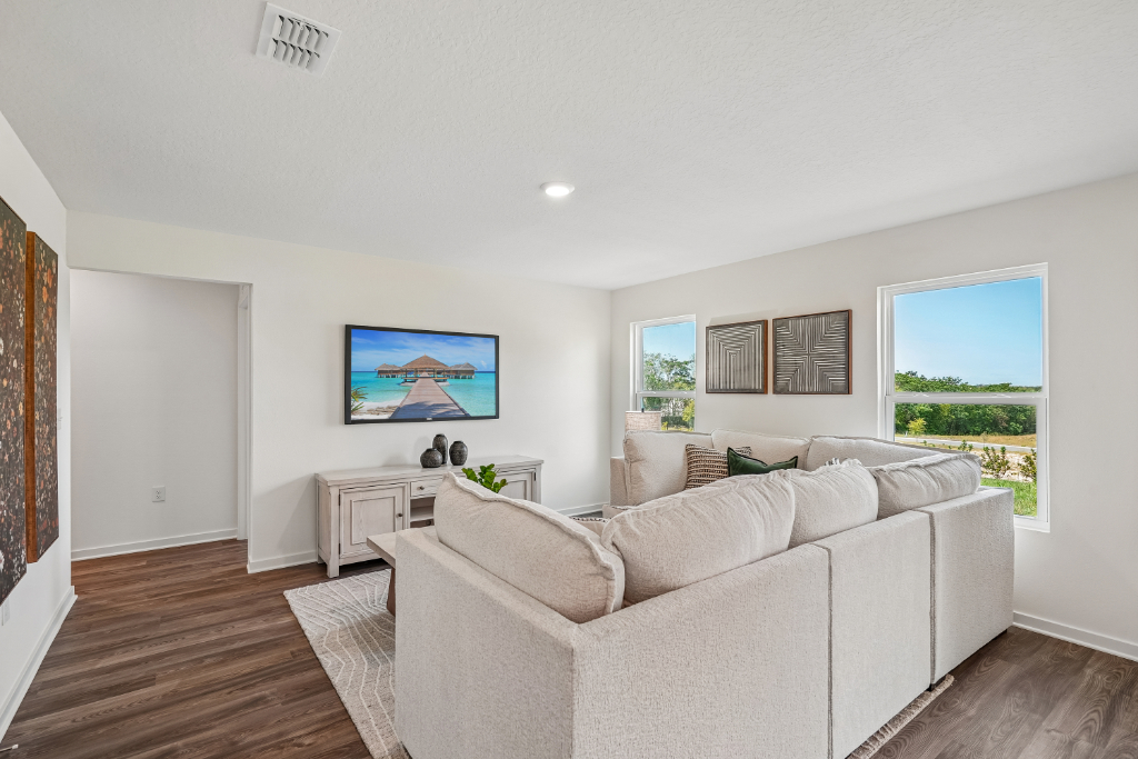 A living room with a white couch.