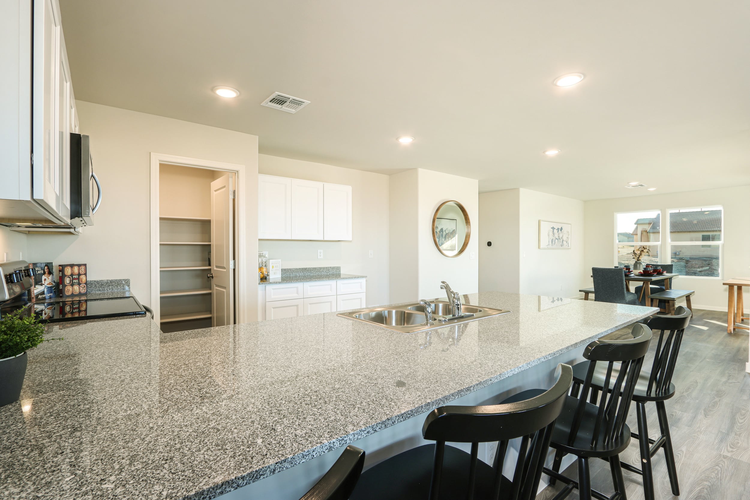 A kitchen with a large island.