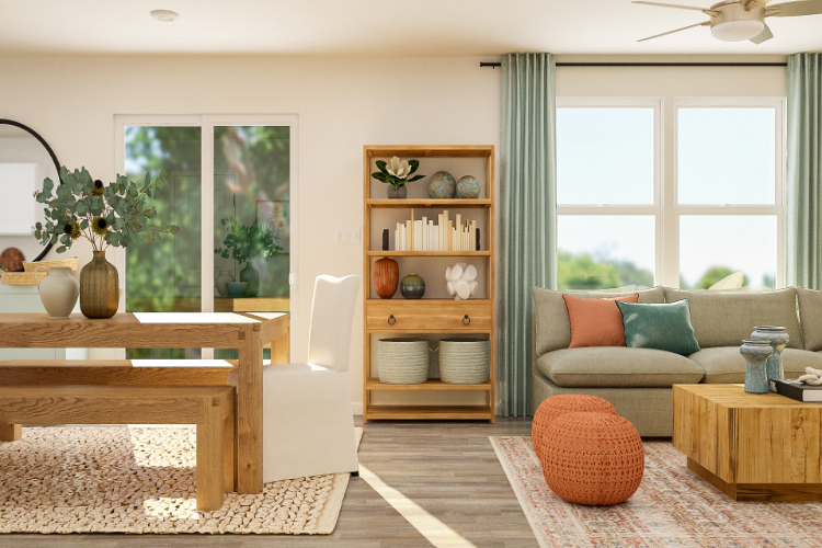A living room with a table and chairs.