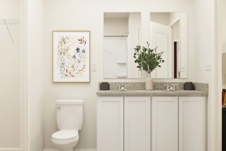 A bathroom with a plant on the counter.
